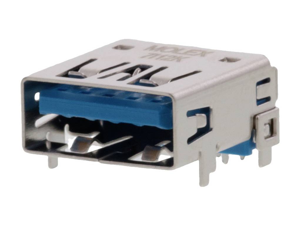 A rectangular USB port, metallic with a blue inner lining, depicted in detail against a white background.