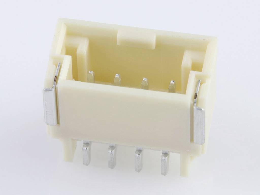 A cream-coloured electrical connector with multiple metal pins designed for connecting electronic circuits.