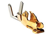 A metallic connector with a gold-coloured contact, used for electrical connections in technological applications.