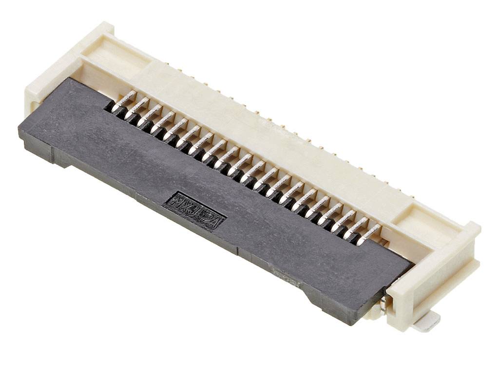 Flat, rectangular electronic connector with multiple metal contacts, embedded in a plastic housing.