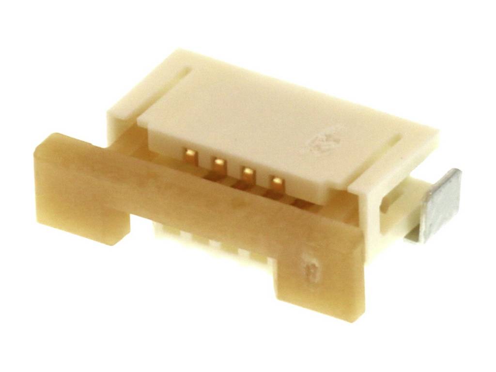 White plastic connection socket with multiple golden contact pins.