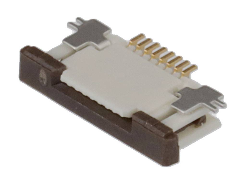 A small, rectangular electronic connector with multiple golden pins, used for connecting electronic components.