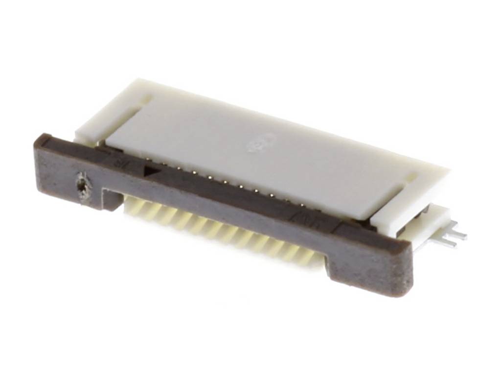 A white and brown electronic plug with multiple pins, suitable for connecting flat ribbon cables in electronic devices.