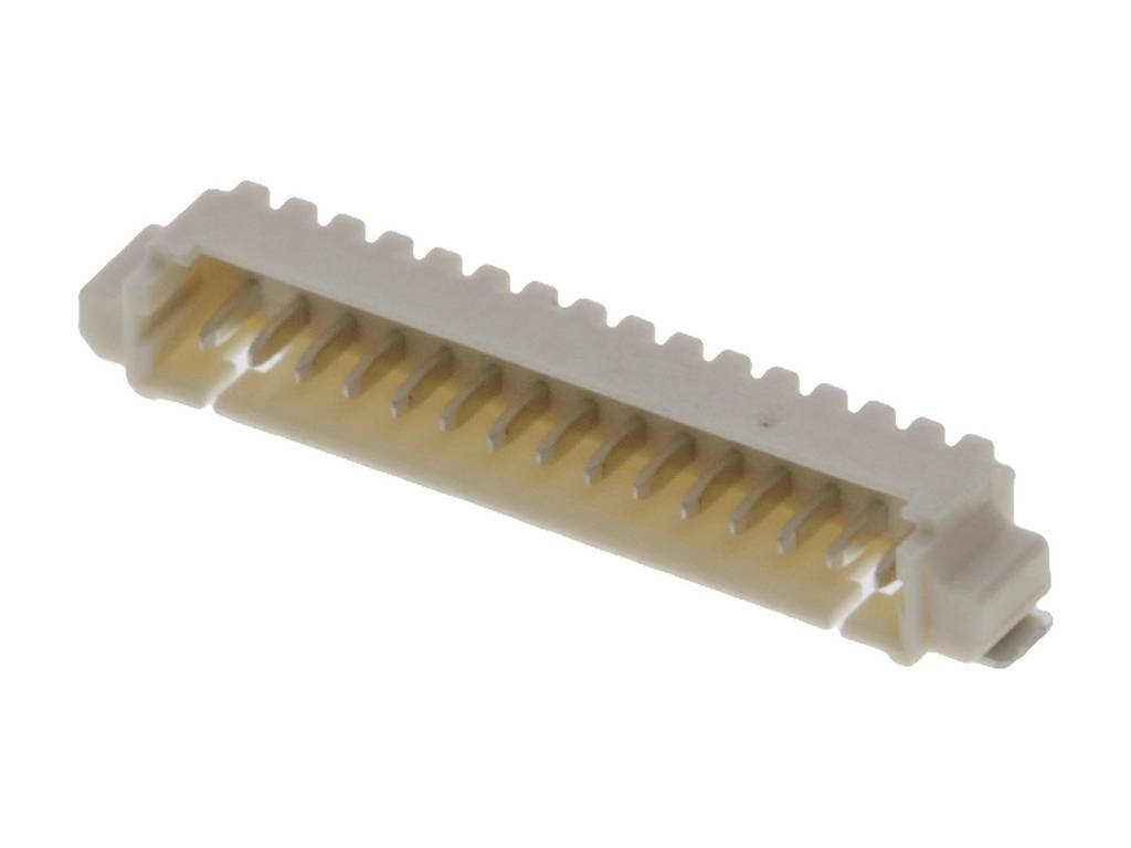 Illustration of a white connector with multiple pins, used in electronic circuits to connect components.