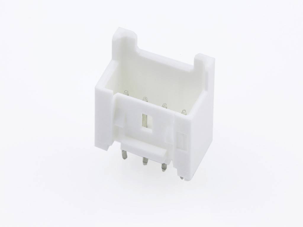 A white, rectangular plug connector with six metal pins at the bottom, typically used for electronic connections.