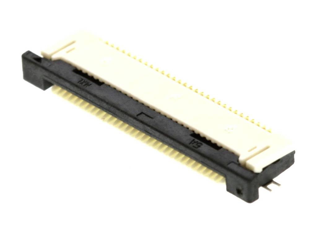 A white and black electronic circuit board connector, with numerous golden contact pins, on a white background.