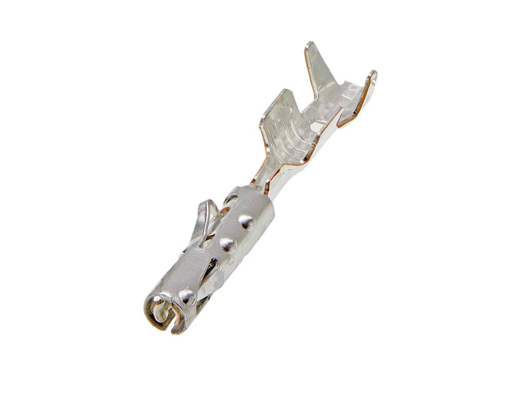Metal contact with a curved shape, used for electrical connection in cable systems. Silver-coloured and structured for secure grip.