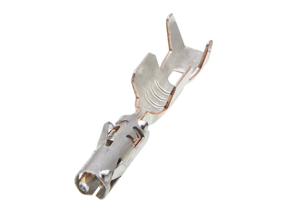 A single metal cable plug with open contact wings, suitable for use in electrical connections or wiring.
