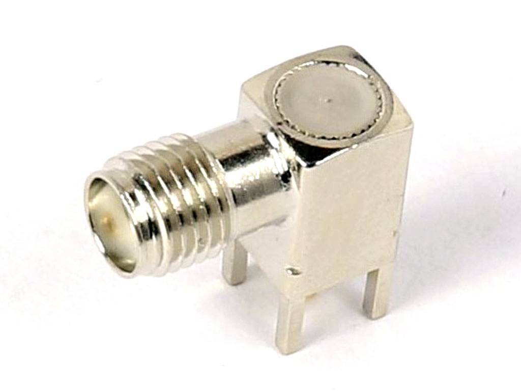Metallic L-shaped connector with threading, against a white background.