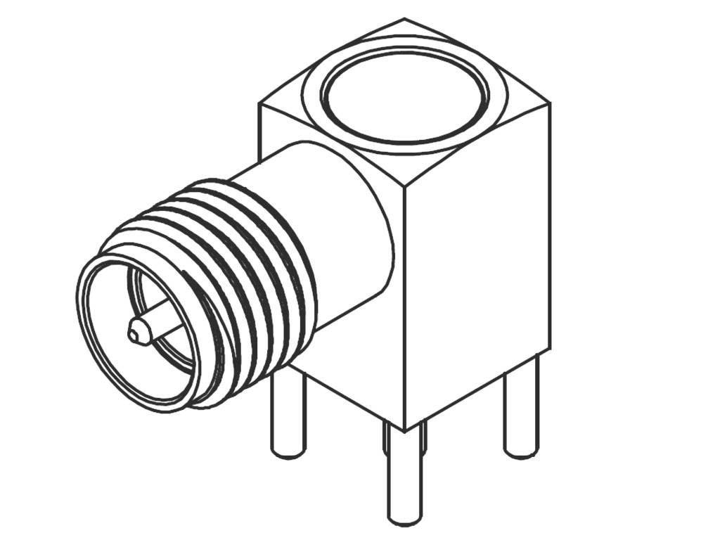 Technical drawing of a rectangular connector with a ribbed cylindrical socket and three pins at the bottom.