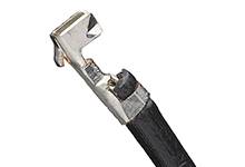 Wire stripping tool with a black handle and metallic head, used for removing insulation from cables.
