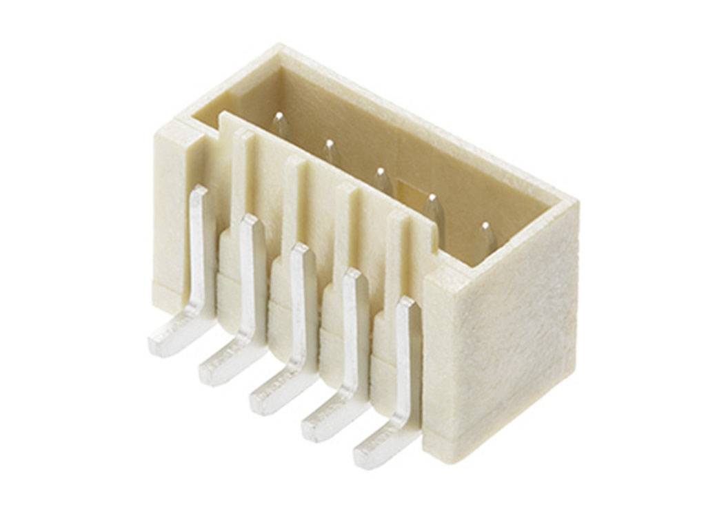A beige connector with six metal contacts bent downwards. Suitable for electronic connections.