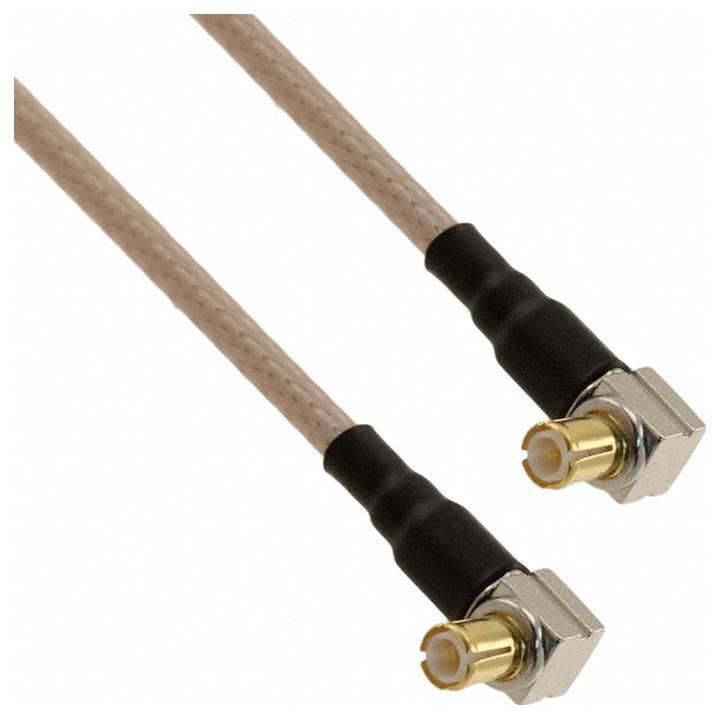 Two angled RF connectors with gold plating and black insulation, attached to coaxial cables.