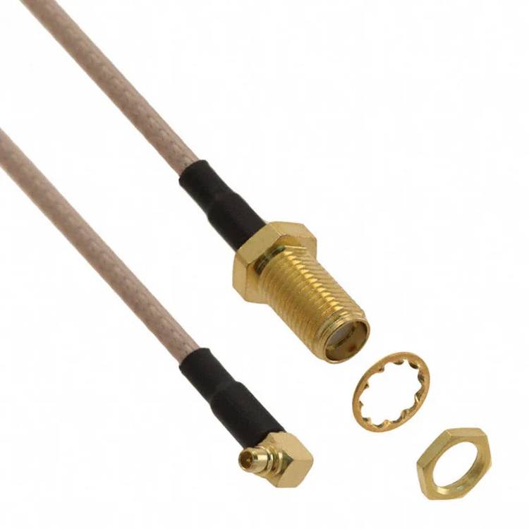 Two coaxial cables with gold connectors, one featuring an SMA female and the other a male end. Accompanying are a washer and hex nut.