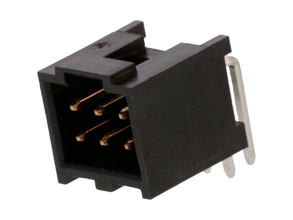 A black, rectangular electronic connector with six golden pins and a side metal mounting bracket.
