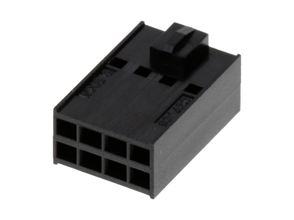 Black 2x4-pin connector, commonly used in electronic devices for cable connection.