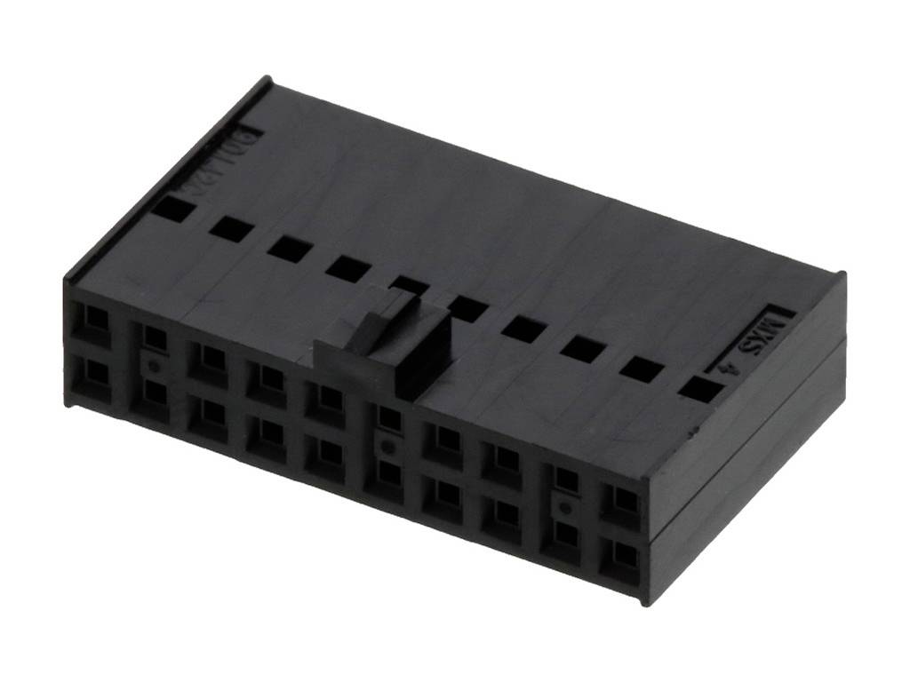 Black plastic plug with multiple square connectors, suitable for electronic connections.