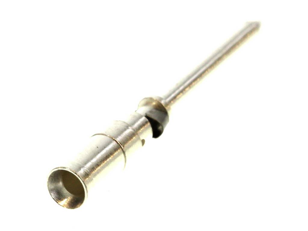 Metallic connector pin, cylindrical, for electrical connections, against a white background.