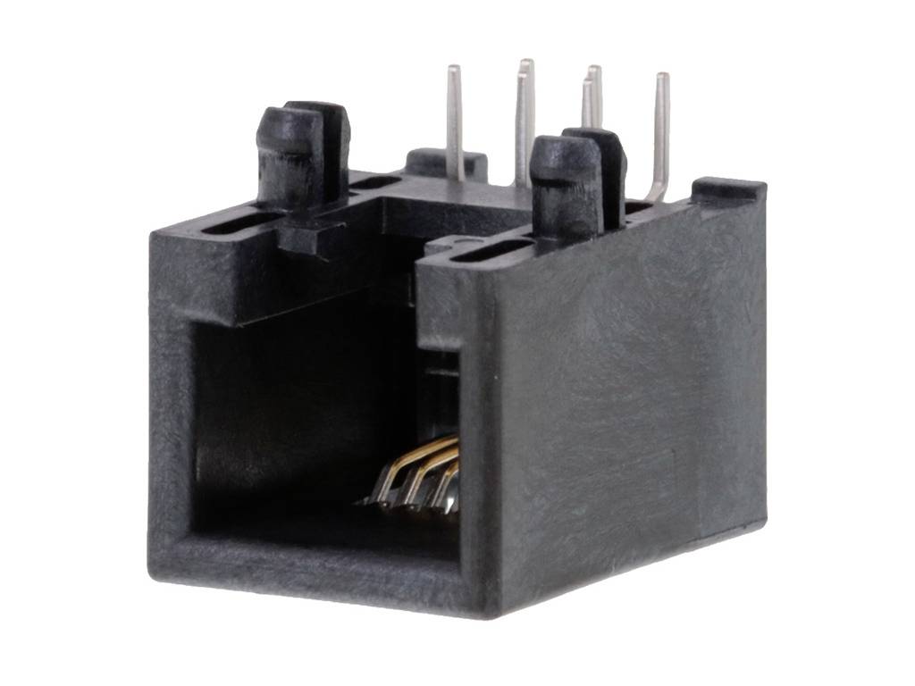 Black RJ45 socket connection for network cabling, rectangular in shape with metal pins inside for inserting cable plugs.