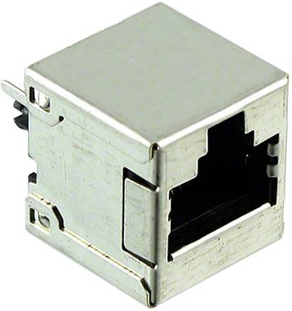 A metal shielded RJ45 Ethernet jack viewed from a slight angle, showing the port's rectangular opening and pins inside.