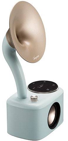 A stylish, modern record player in light blue with a copper-coloured horn and round speakers. Designed for vintage enthusiasts.