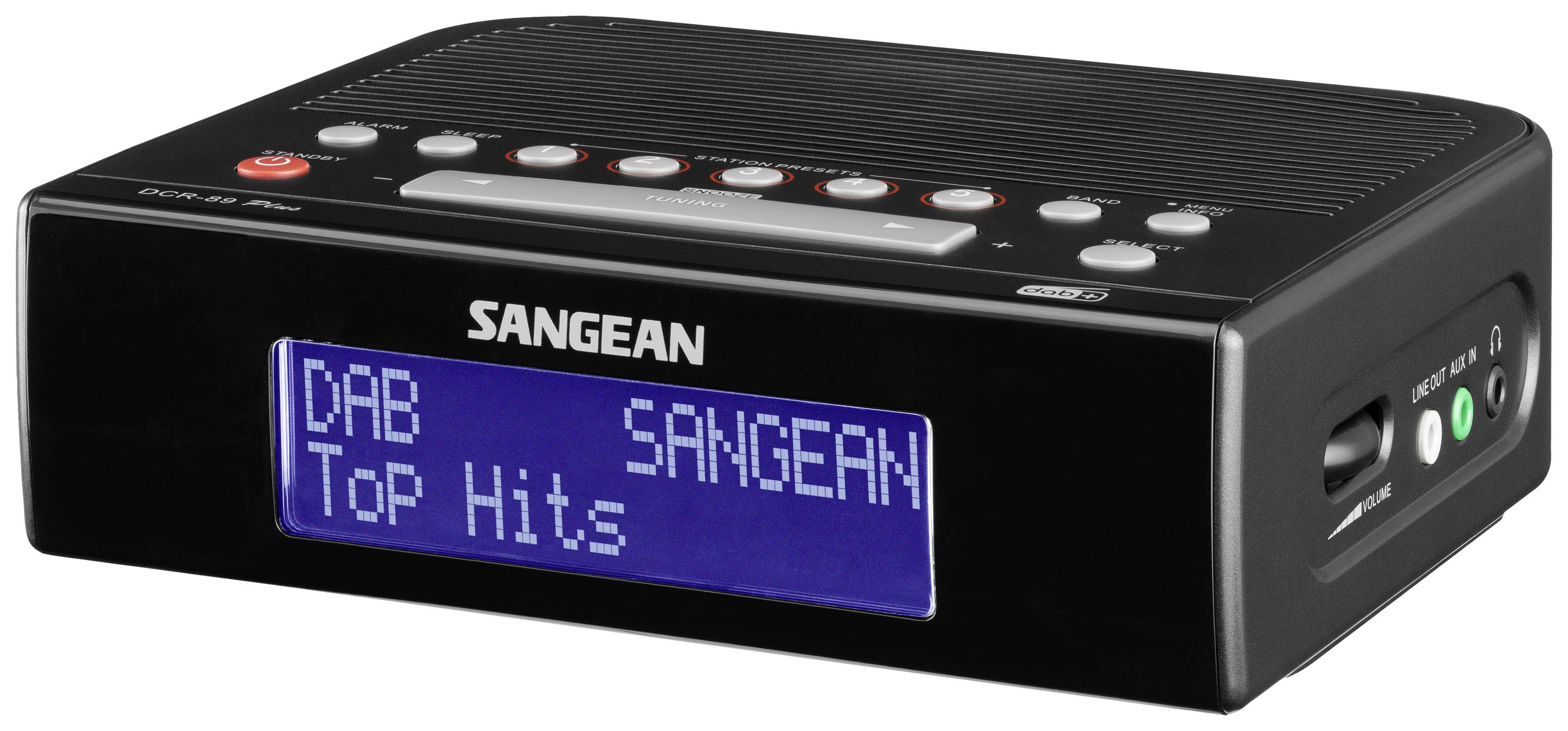 Digital radio with DAB display 'SANGEAN Top Hits', black rectangular shape, various control buttons on the top surface.