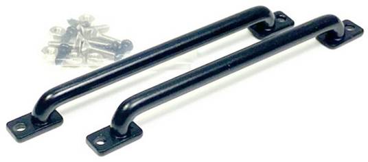 Two black metal handles with screws, suitable for mounting on doors or cabinets. Professionally manufactured and durable.