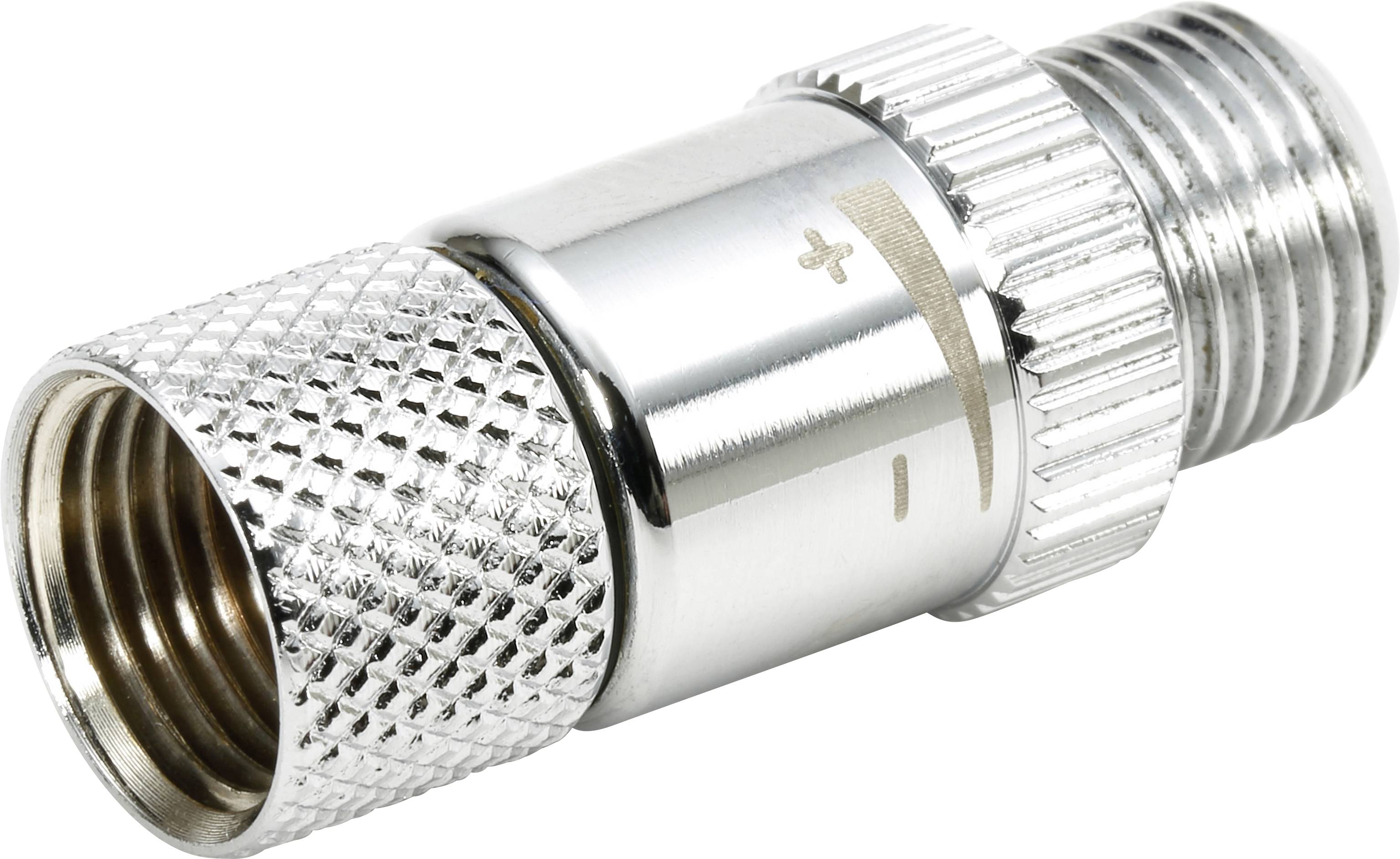 A silver metal adapter with a knurled surface and threaded ends, used for connecting hoses or pipes.