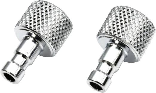 Two gleaming metal adapters with knurled handles, suitable for connecting hoses or pipes.