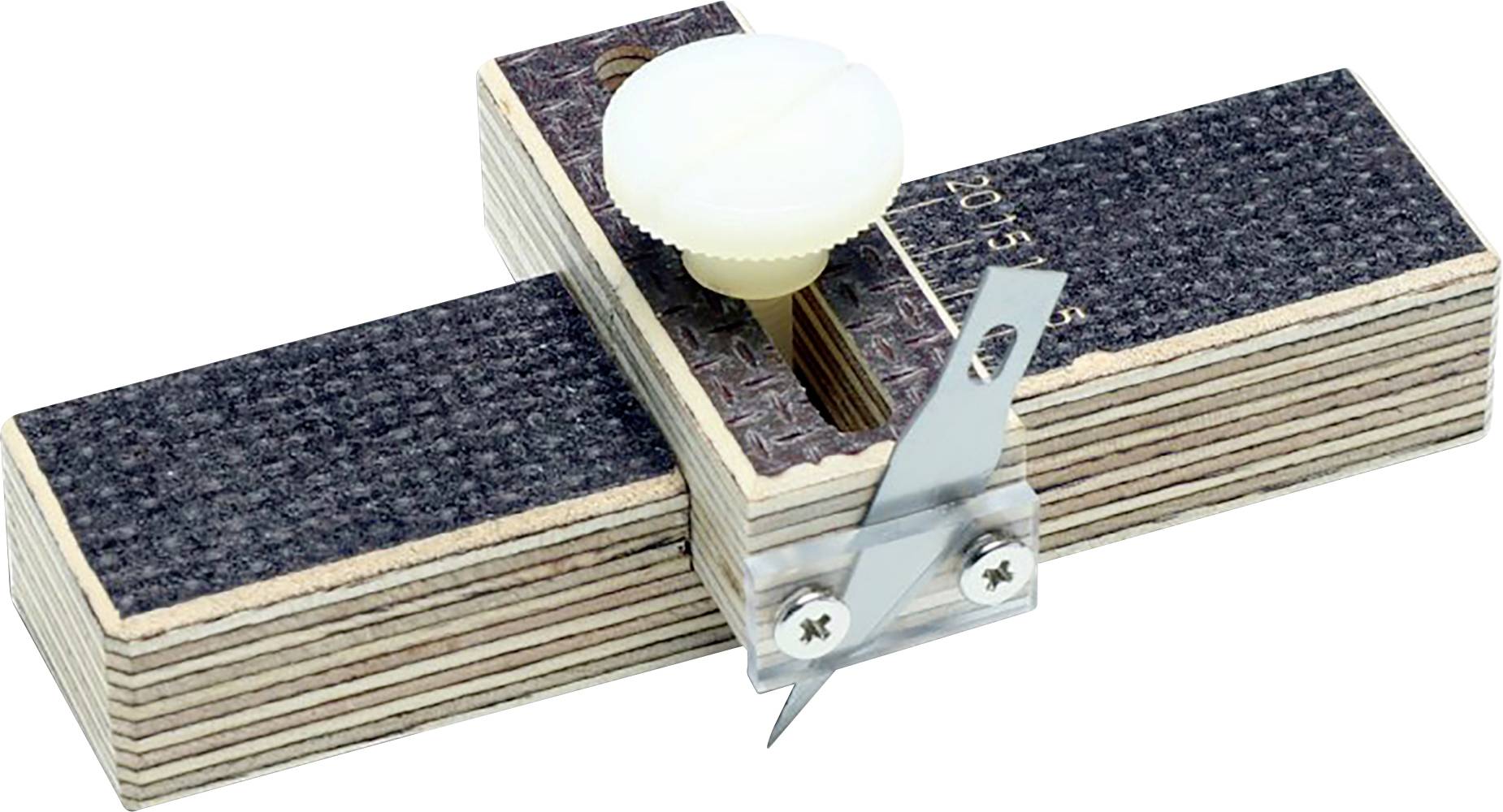 A wood plane tool with an adjustable blade, two wooden plates and a plastic knob for woodworking.