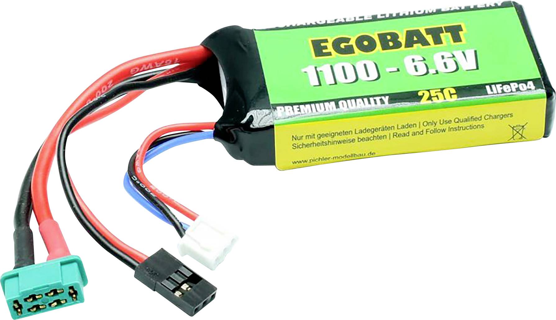 Green lithium iron phosphate battery with 'EgoBatt 1100 - 6.6V' printed on it, connected with several colourful cables and connectors.