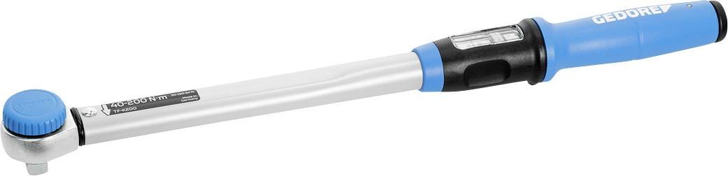 A blue-handled torque wrench with a digital display for precise torque measurements, marked with brand text, on a white background.