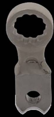 Metal connecting element with circular retaining ring and flat mounting part, possibly for mechanical applications.