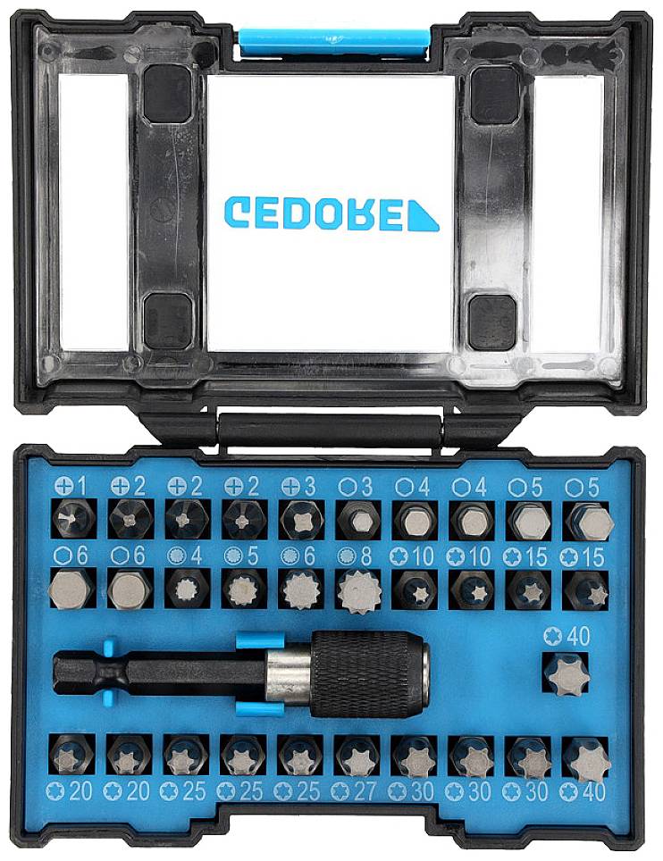 A bit set in an open plastic case, containing various hexagonal and Torx bits. The brand is prominently displayed on the lid.