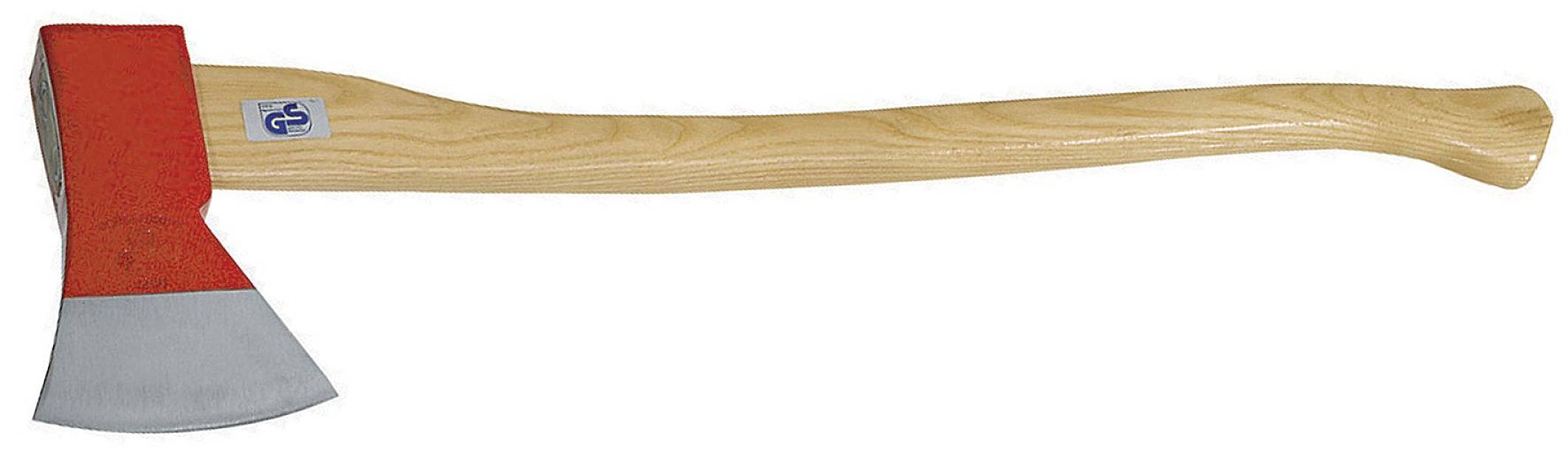 Wooden axe with a long, curved wooden handle and a red head.