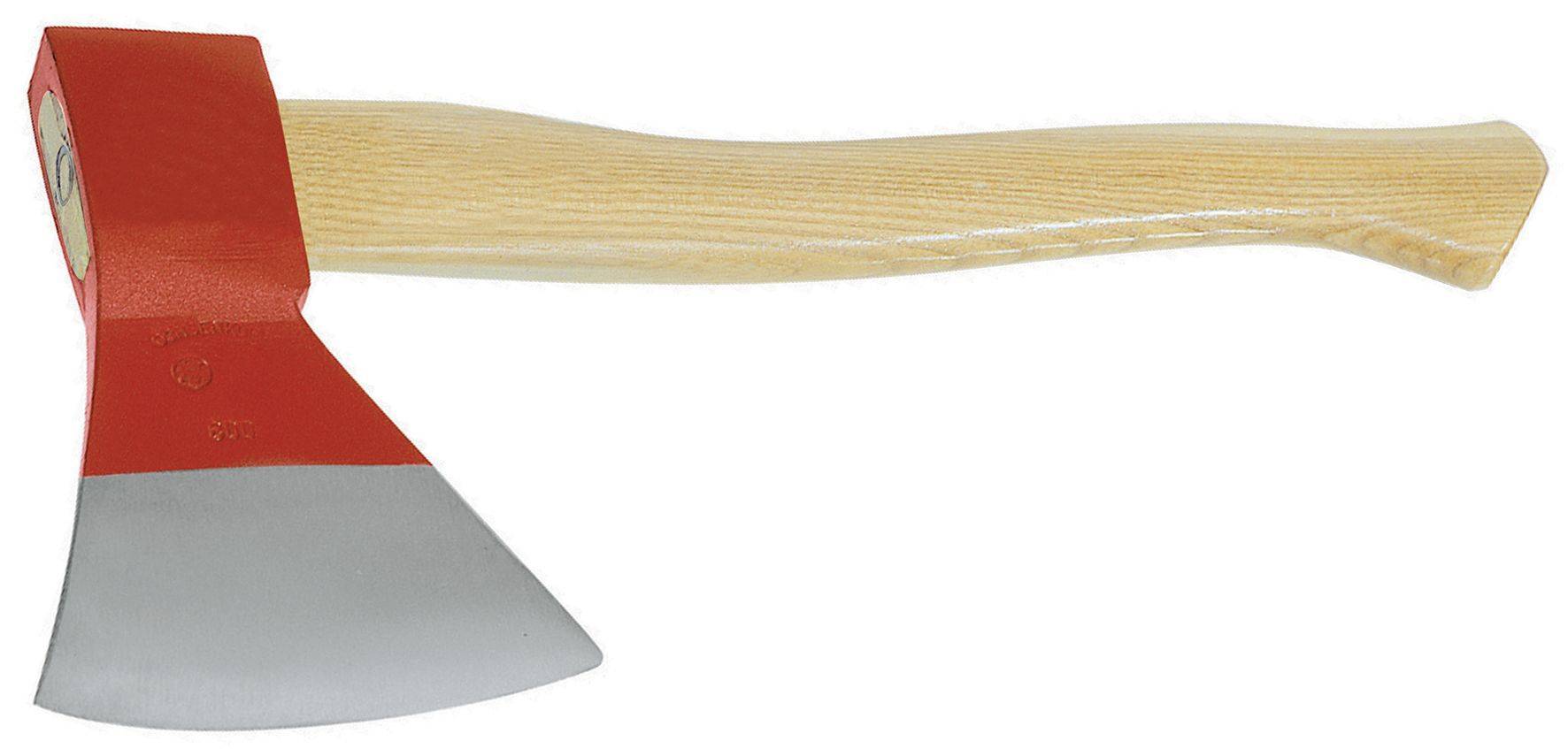 Wooden axe with a red metal handle and a light wooden grip.