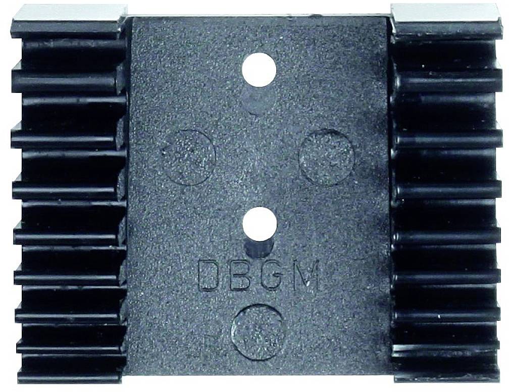 A black, rectangular plastic component with a ribbed surface on both sides and a central bore.