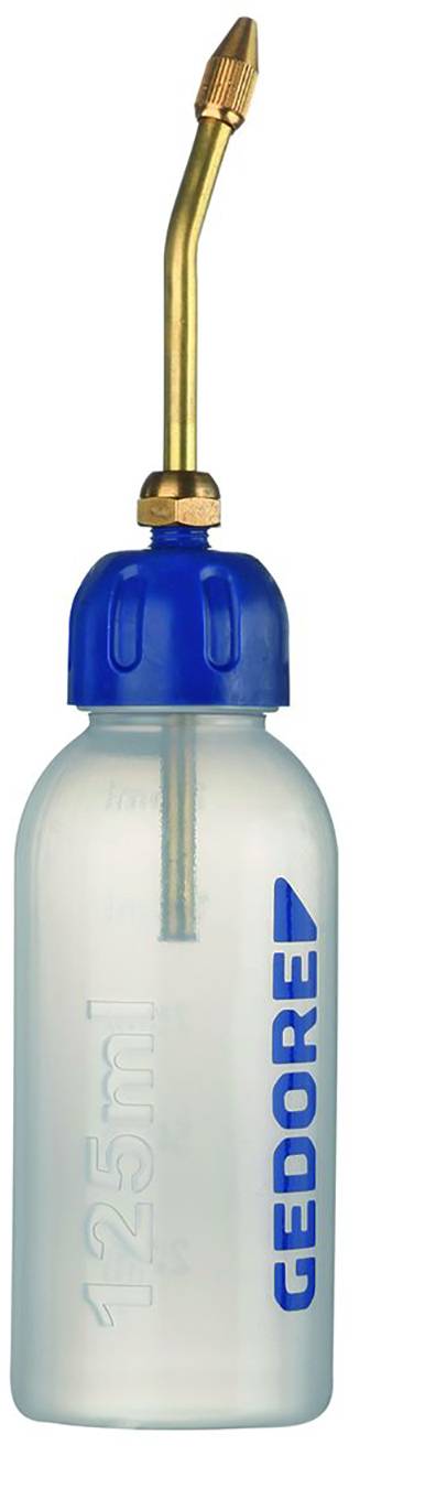 Oil bottle with a blue screw cap and transparent container, holding 125 ml, with a curved brass nozzle for precise oiling, brand 'Gedore'.