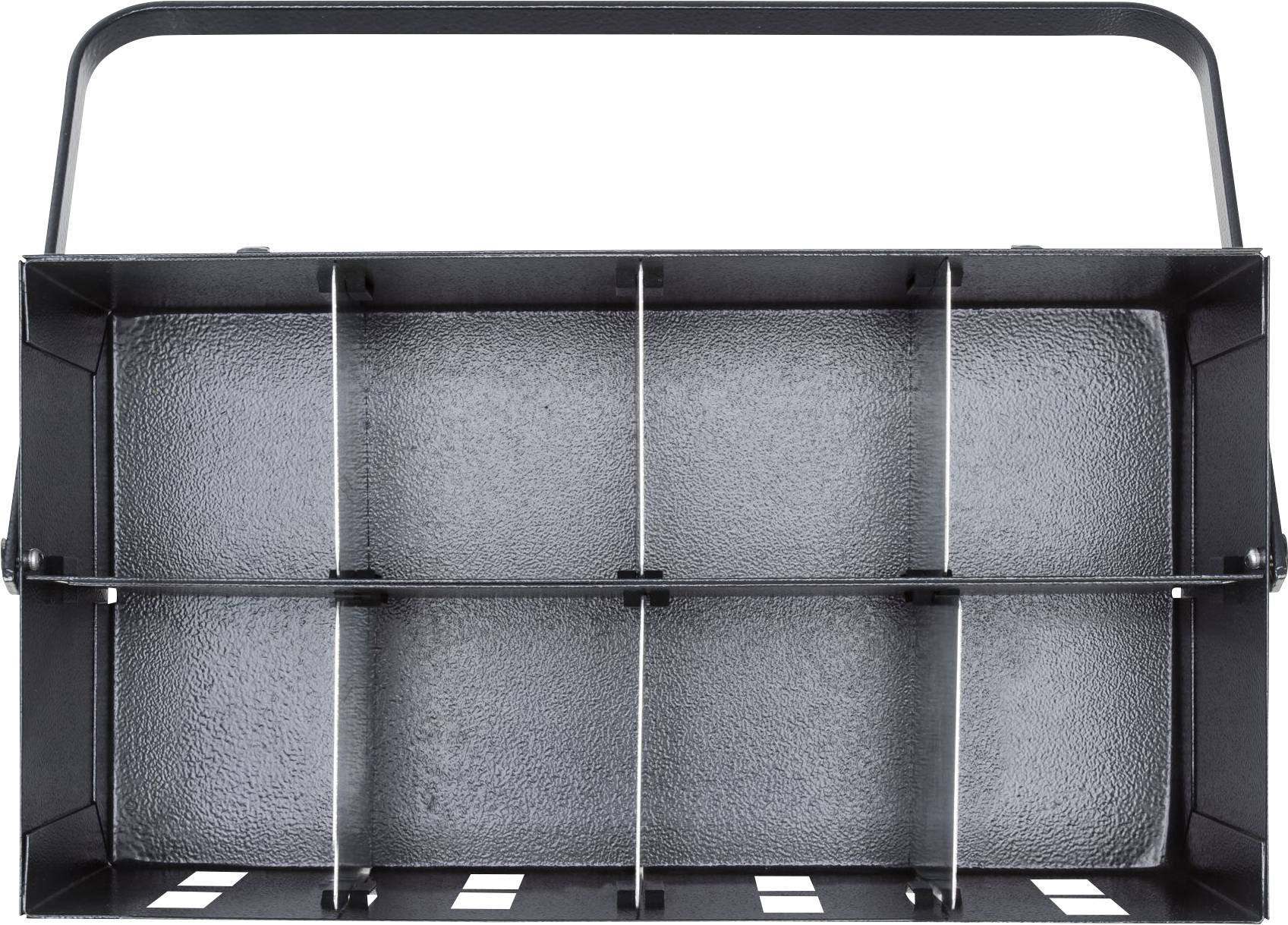 Black, rectangular metal box with six equally sized compartments, suitable for storing tools or small parts.