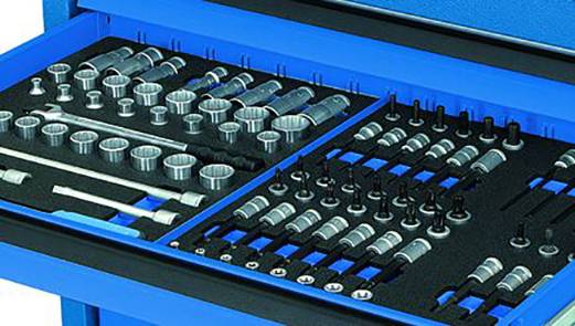 An opened toolbox with various nuts and socket wrenches in an orderly arrangement, blue casing.