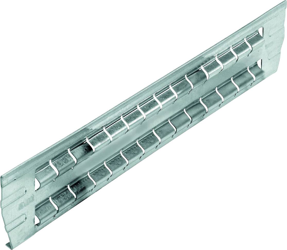 A galvanised metal profile with ventilation slots. It is used for reinforcement or mounting in building constructions.