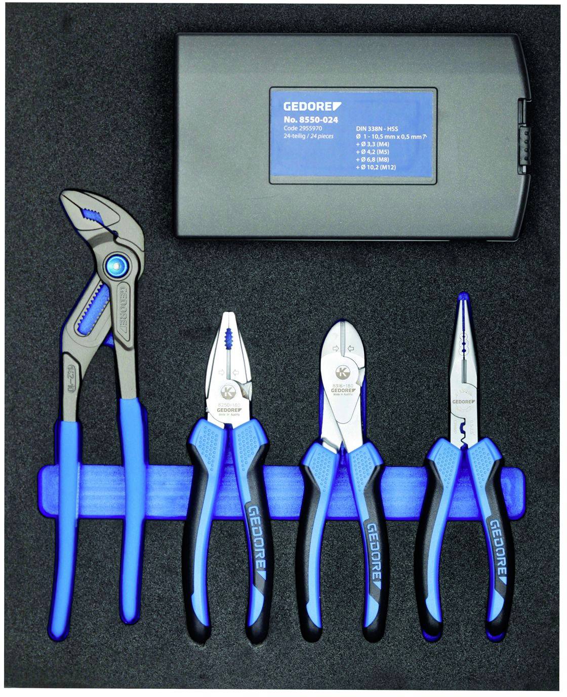 Set of four blue pliers with different tip shapes and a black case, arranged on a black background.