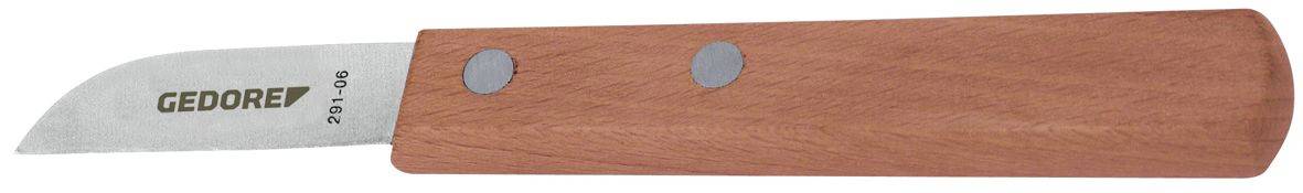 A small knife with a straight, short steel blade and a brown wooden handle. 'GEDORE' is engraved on the blade.