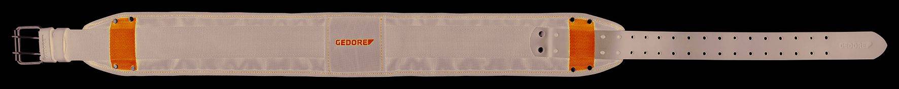 A white belt with orange details and numerous holes, suitable for personalised customisation. Perfect for everyday attire.