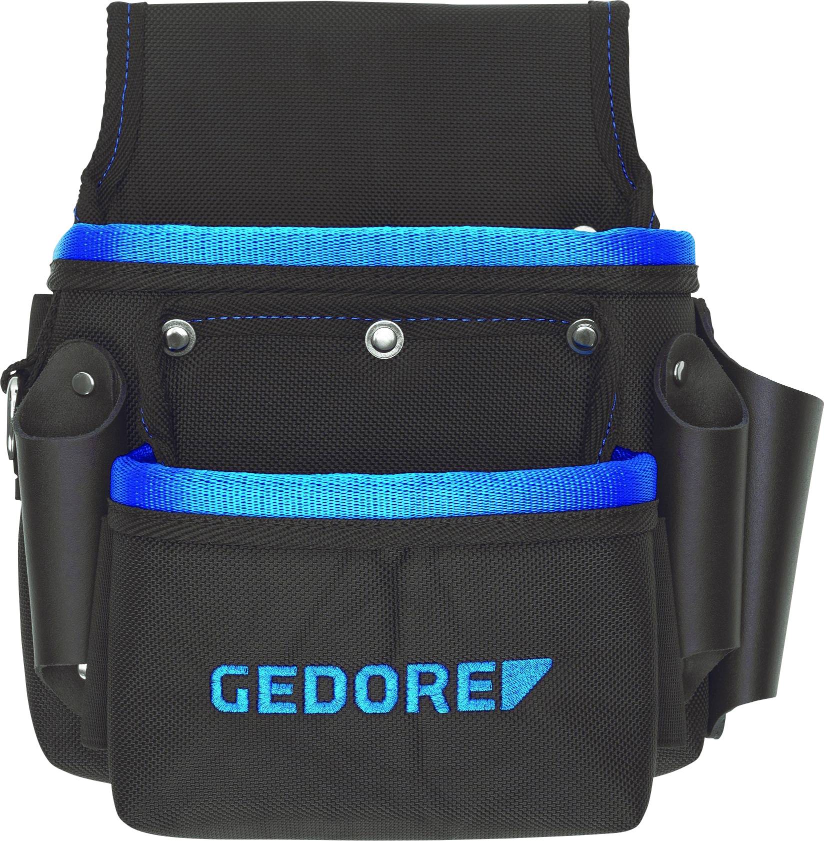 Black tool bag with blue accents and 'GEDORE' printed on the front, with numerous compartments for tools.
