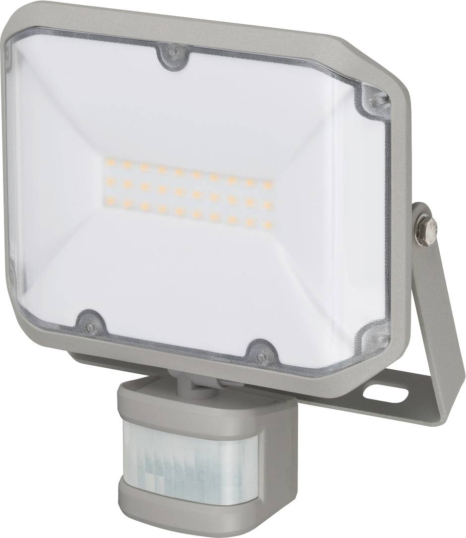 LED floodlight with integrated motion sensor, shown in a gray outdoor mounting bracket