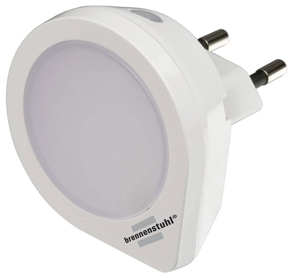 White plug-in night light with two round metal prongs and frosted circular front, branded 'brennenstuhl'.