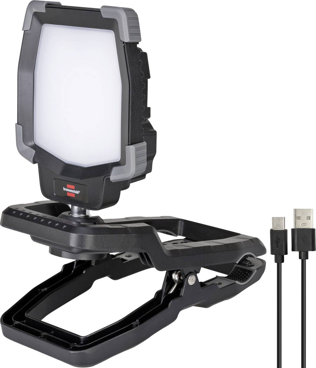 Black clip-on LED work light with adjustable stand and attached USB charging cable on a white background.