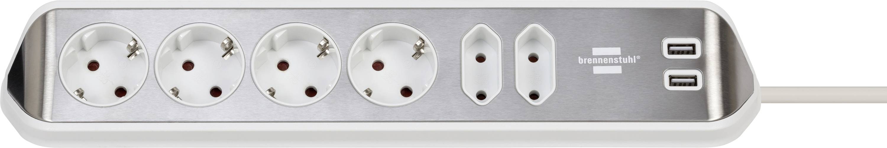 Silver power strip with four European outlets, two vertical USB ports on the right, and a centered illuminated brand logo.