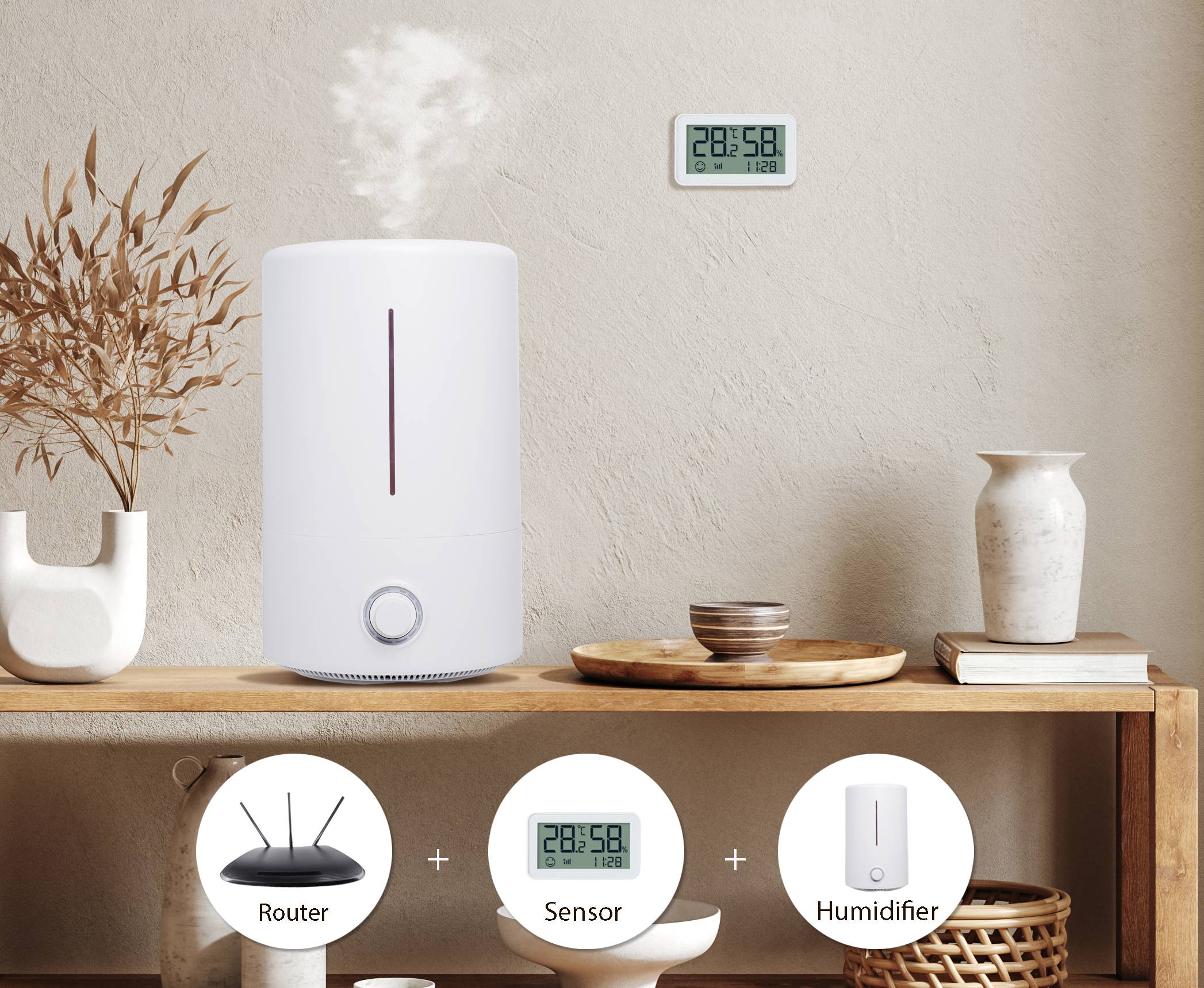 Humidifier on a table, emitting steam. A digital clock hanging on the wall. Decorative vases in the background.